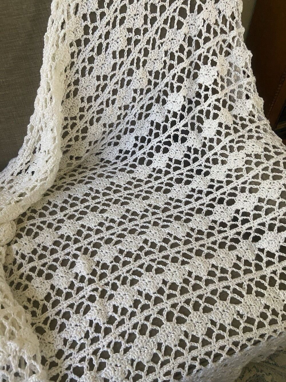 Hand Crocheted Knitted White Afghan Throw Blanket Cottagecore Handmade 72”x68”